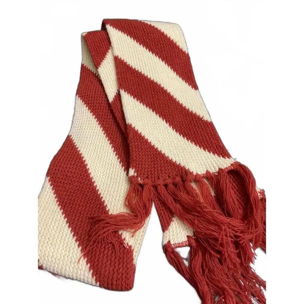 Vintage Brick Red and Cream Striped Acrylic Knit Scarf with Fringe